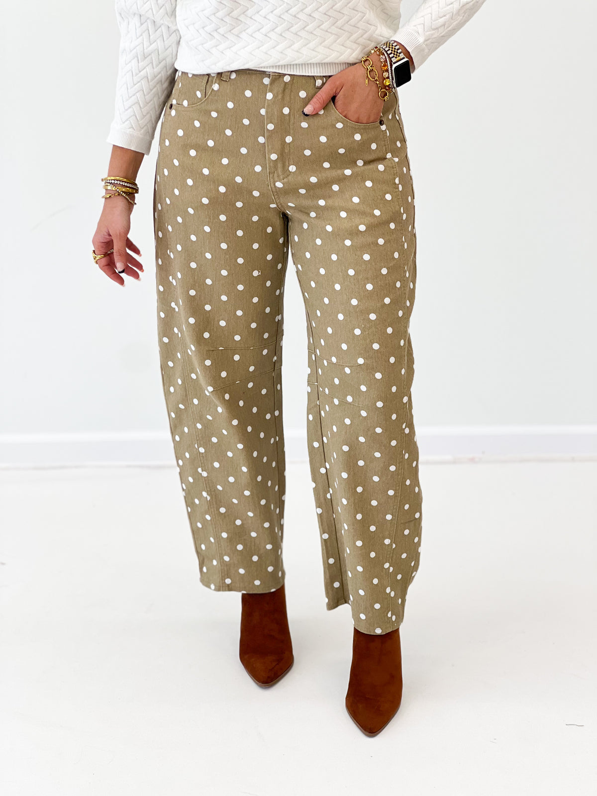 Women's olive polka dot barrel pants with front slash pockets