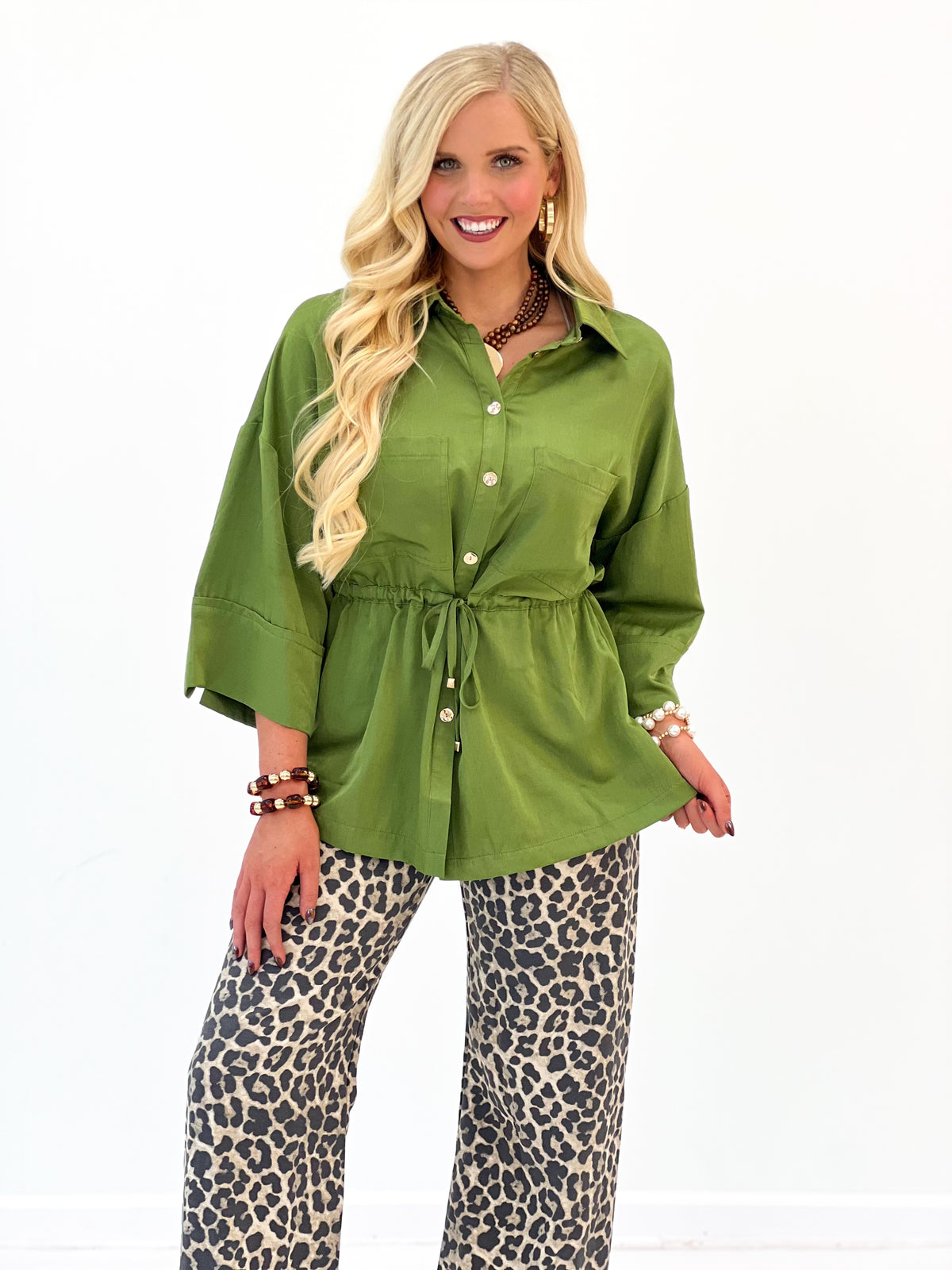 Glam Adjustable Waist Tie Button Down Shirt