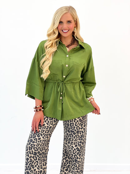 Glam Adjustable Waist Tie Button Down Shirt