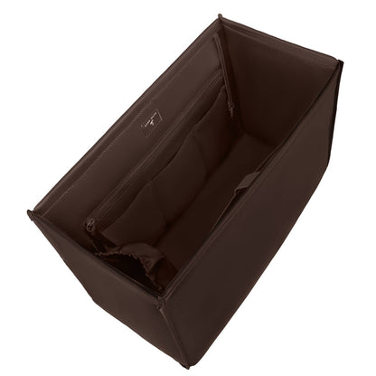 Espresso tote organizer interior view with stitched divider panel and elastic slot