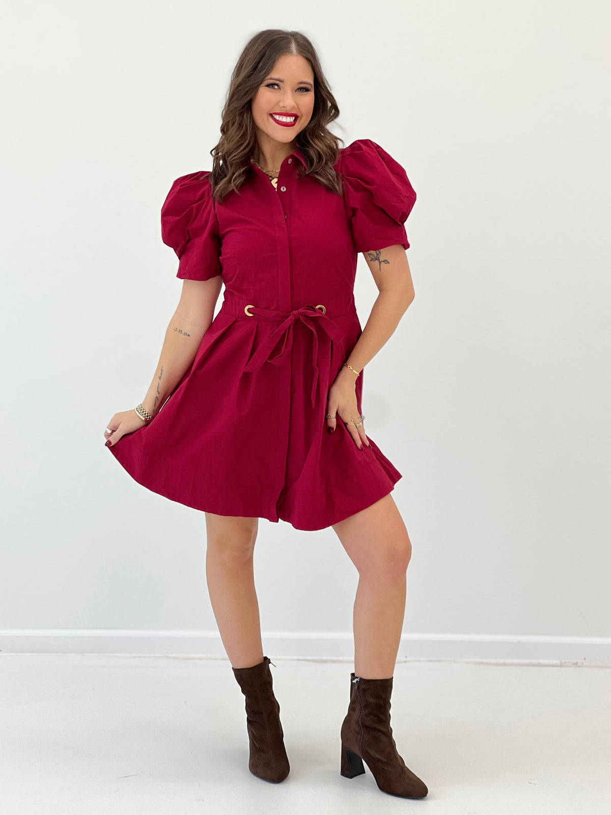 Scarlet puff sleeve tie-waist pleated mini dress, gathered skirt detail