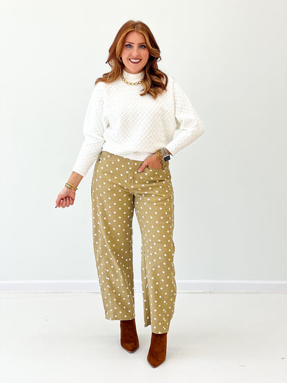 White mock neck knit sweater with dolman sleeves and ribbed cuffs