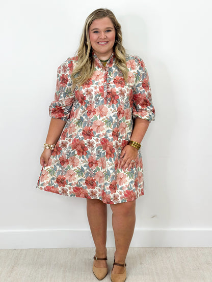Floral button-front mini dress with smocked cuffs, three-quarter puff sleeves, rust mix