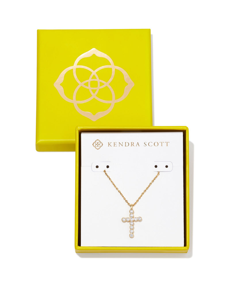 Kendra Scott Cross Crystal Pendant Neck Gold Metal White CZ Boxed