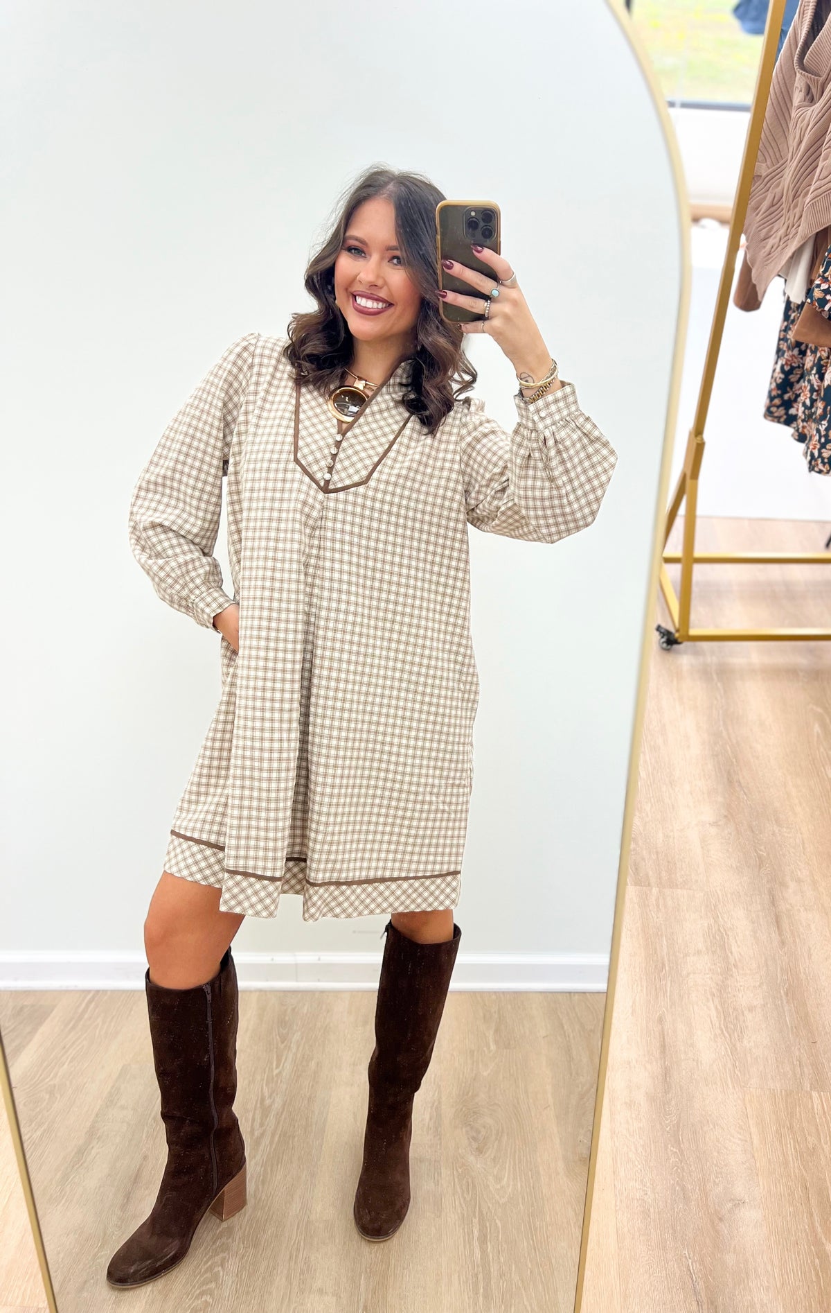 Plaid long-sleeve shift dress with contrast collar, latte gingham, above-knee cut