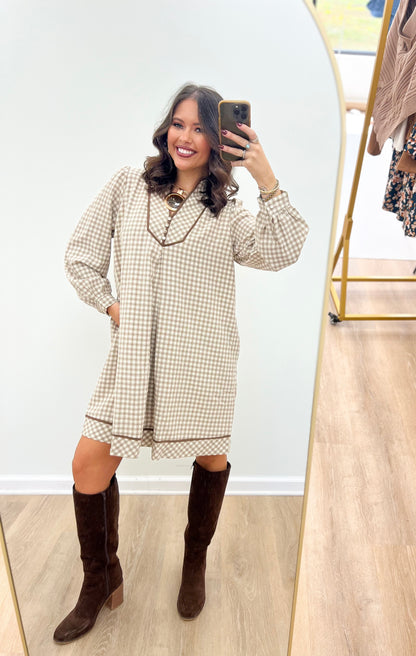 Plaid long-sleeve shift dress with contrast collar, latte gingham, above-knee cut