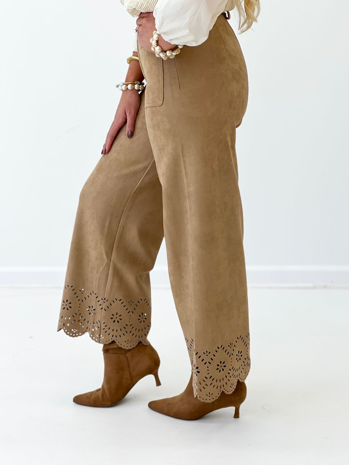Camel suede wide-leg pants with laser-cut eyelet border at hem and side seam pockets