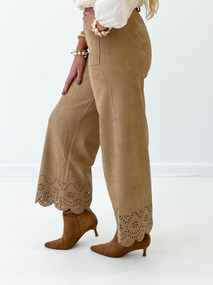 Camel suede wide-leg pants with laser-cut eyelet border at hem and side seam pockets