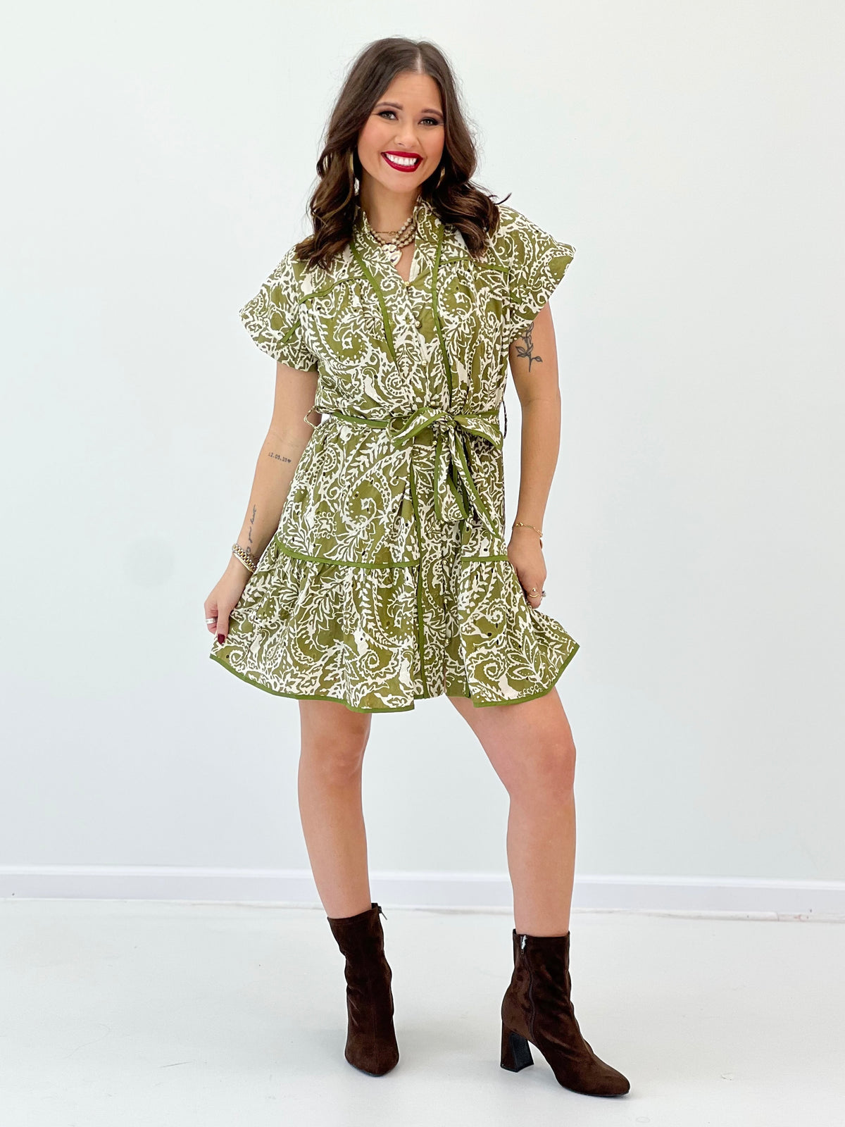 Olive printed tiered belted shirt mini dress, short sleeves, button front
