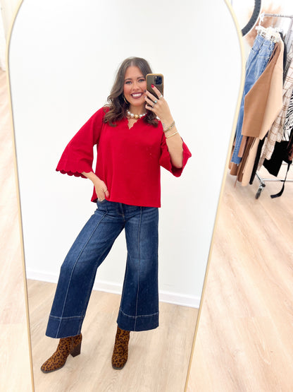 Jodifl Scallop Trim V-Neck 3/4 Sleeve Top