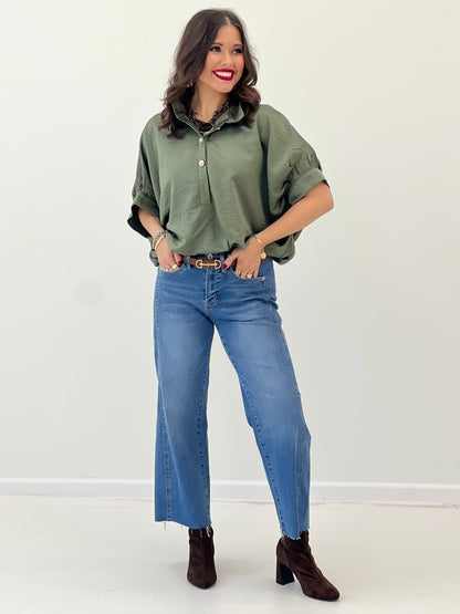 Olive stand-collar button-up short-sleeve blouse, relaxed fit, cuffed sleeves