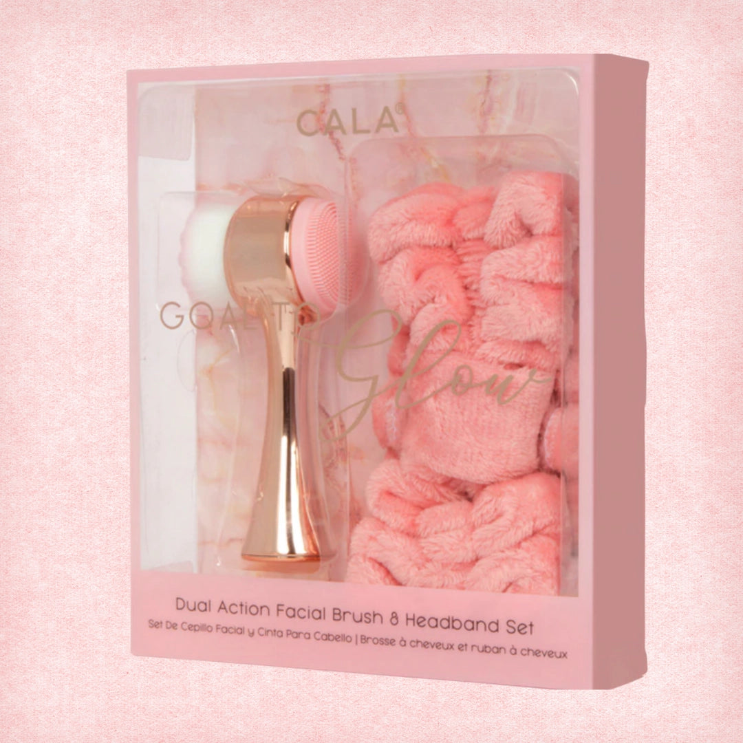 CALA rose gold facial brush and pink plush headband set in a display box