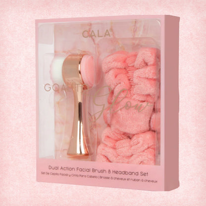 CALA rose gold facial brush and pink plush headband set in a display box