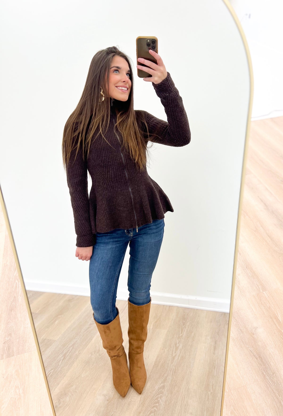 Choco brown rib-knit zip-up cardigan with full front zipper and stand collar