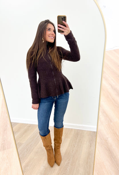 Choco brown rib-knit zip-up cardigan with full front zipper and stand collar