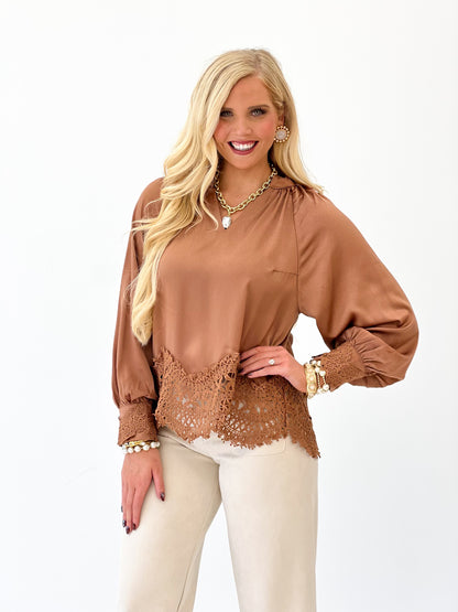 Sepia V-neck dolman top with scalloped lace yoke hem