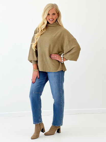 Mock neck balloon sleeve knit top, taupe with loose hem