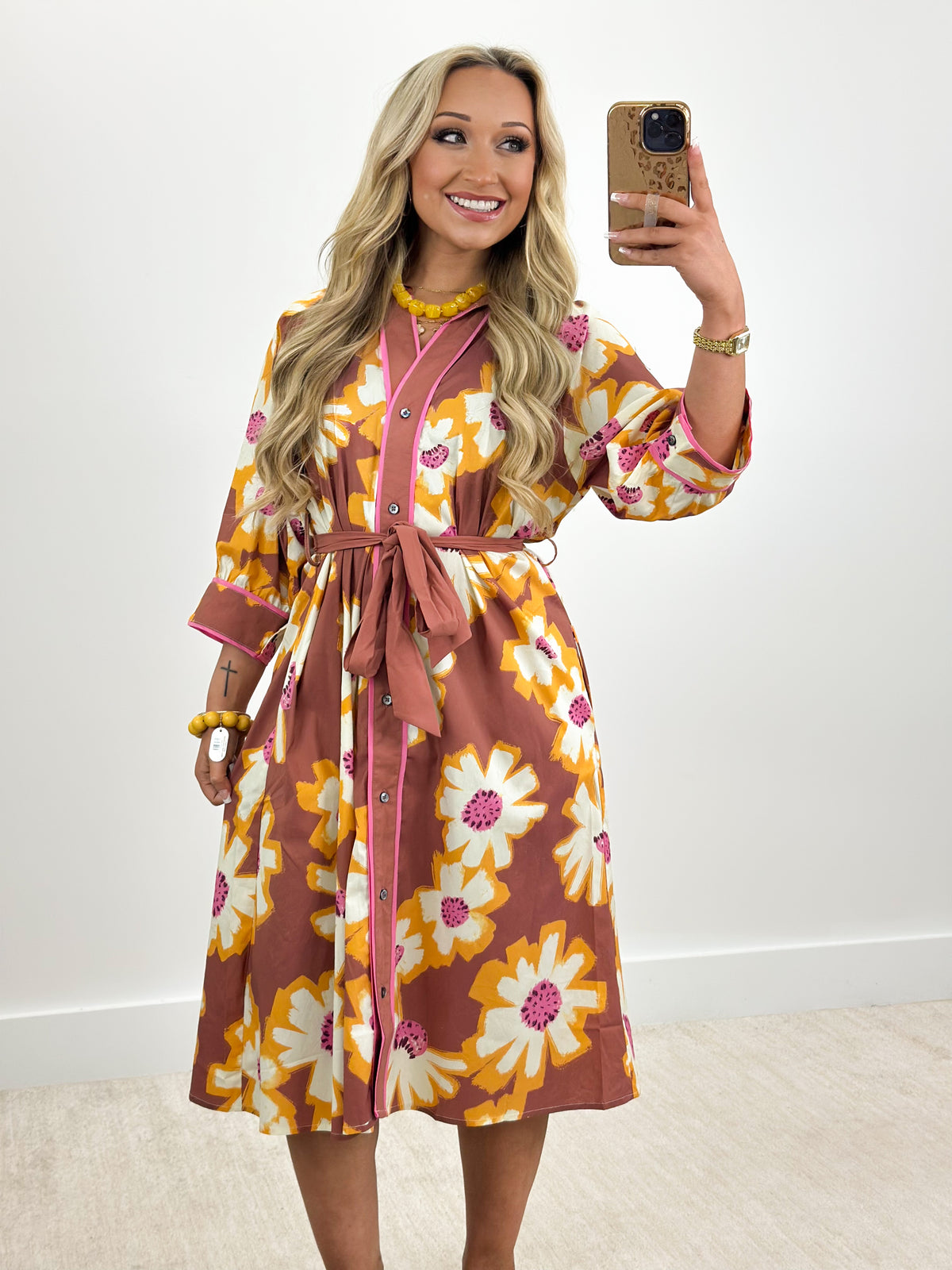 Floral midi shirt dress in camel with pink and yellow blooms, belted waist, button front