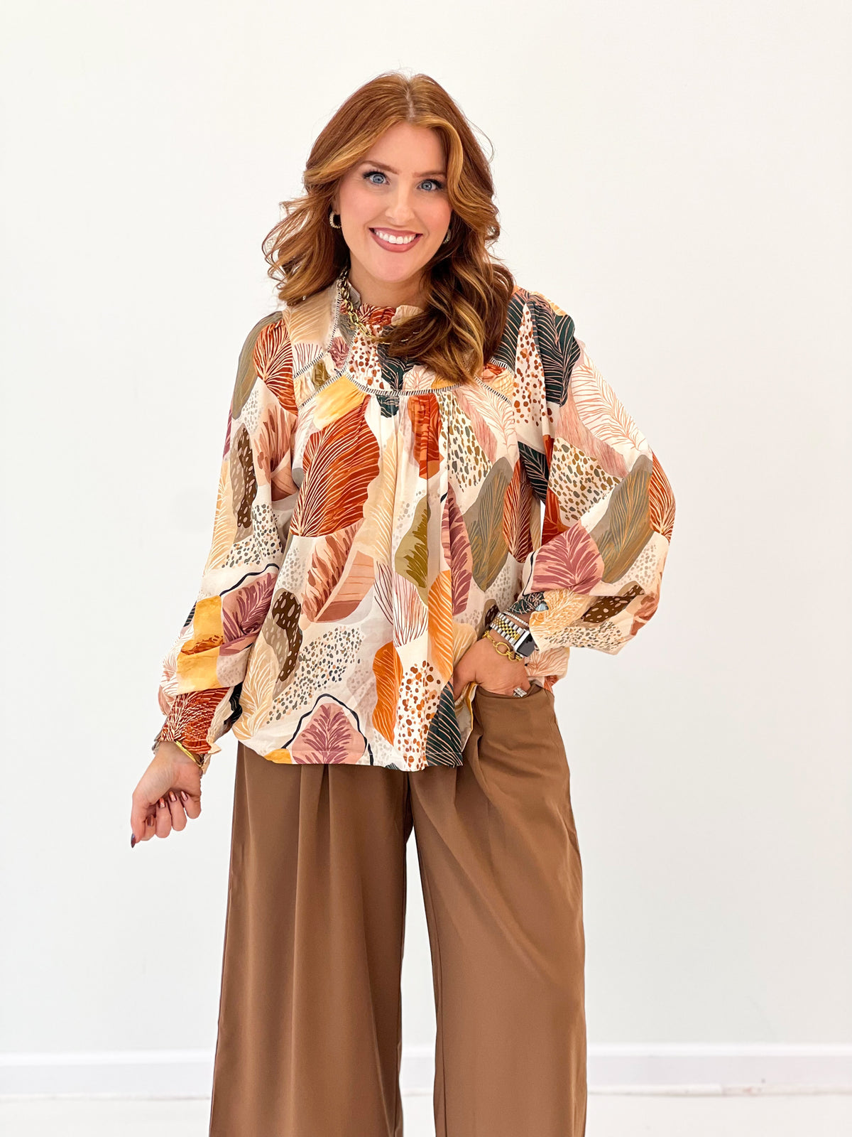 Umgee Abstract Leaf Print Ruffle Trim Top