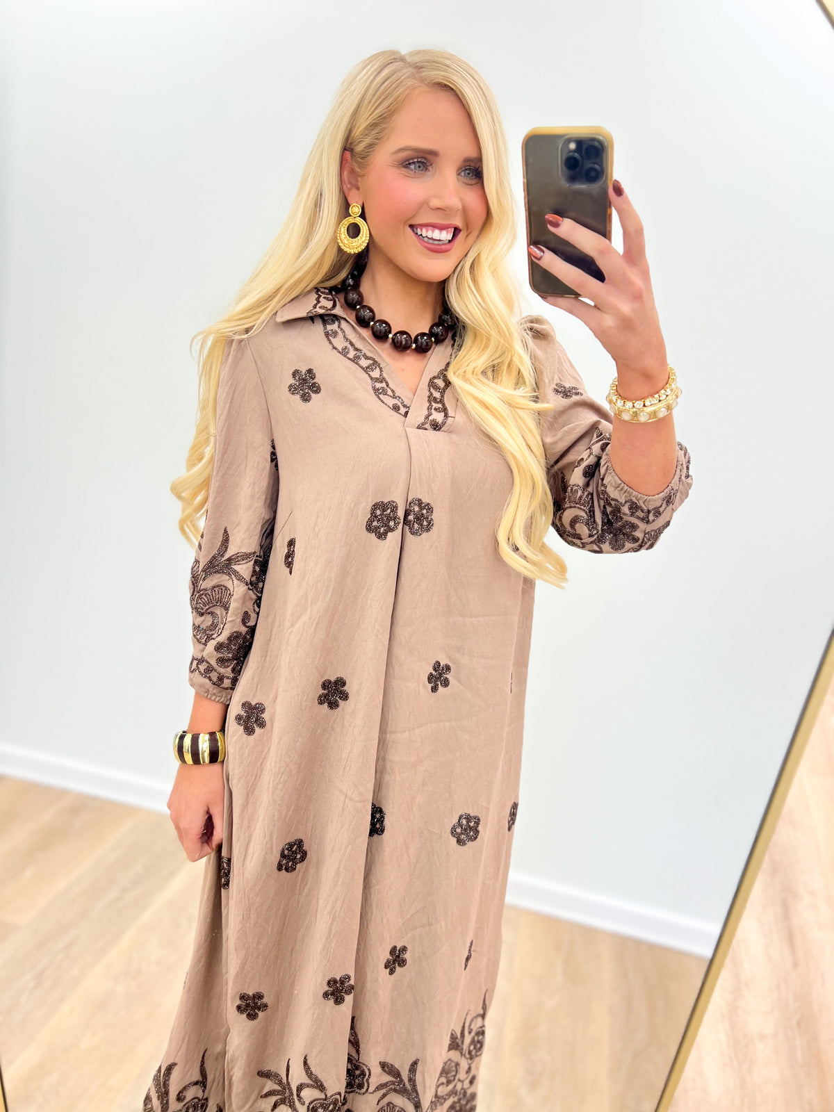 Umgee Embroidered Wide Open Collar Midi Dress with Pockets