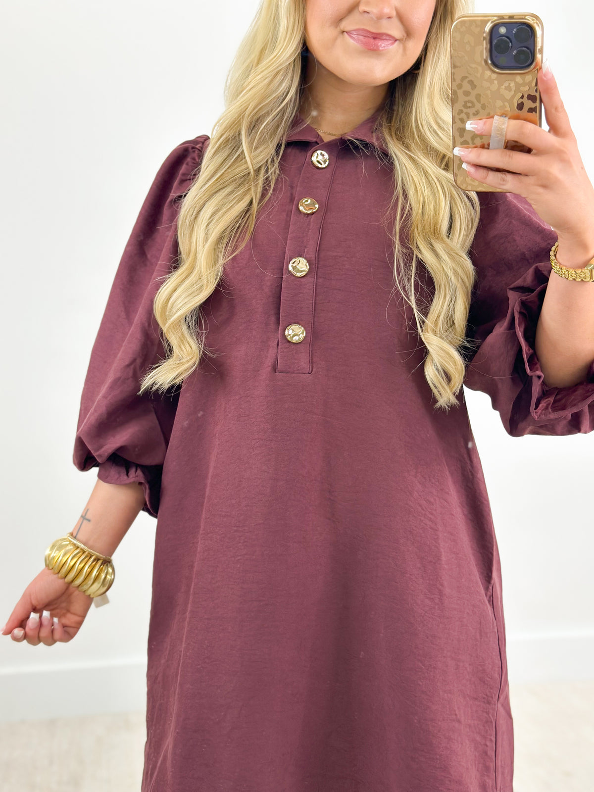 Merlot balloon-sleeve mini dress with stand collar and button front