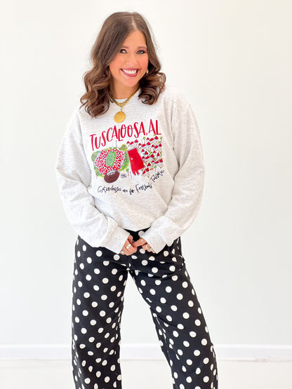 Heather gray long-sleeve crewneck sweatshirt with colorful city graphic on the front