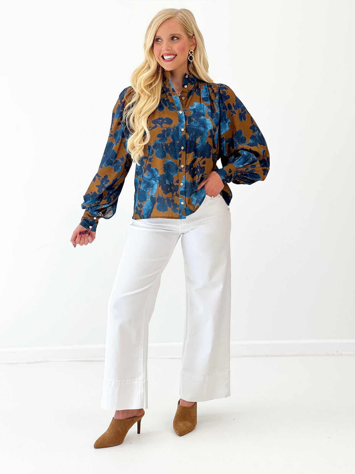 Entro Floral Print Puff Sleeve Button Front Top