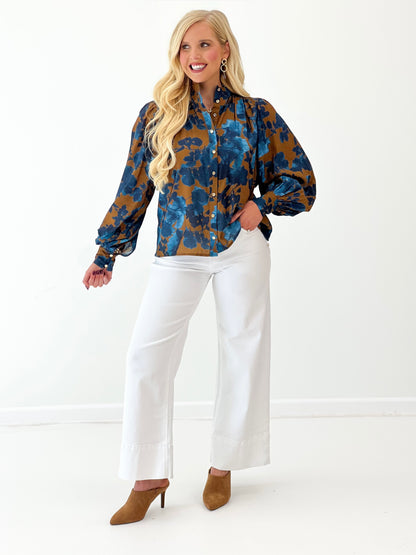 Entro Floral Print Puff Sleeve Button Front Top