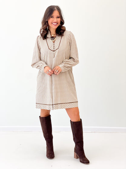 Plaid long-sleeve shift dress with contrast collar, latte gingham pattern