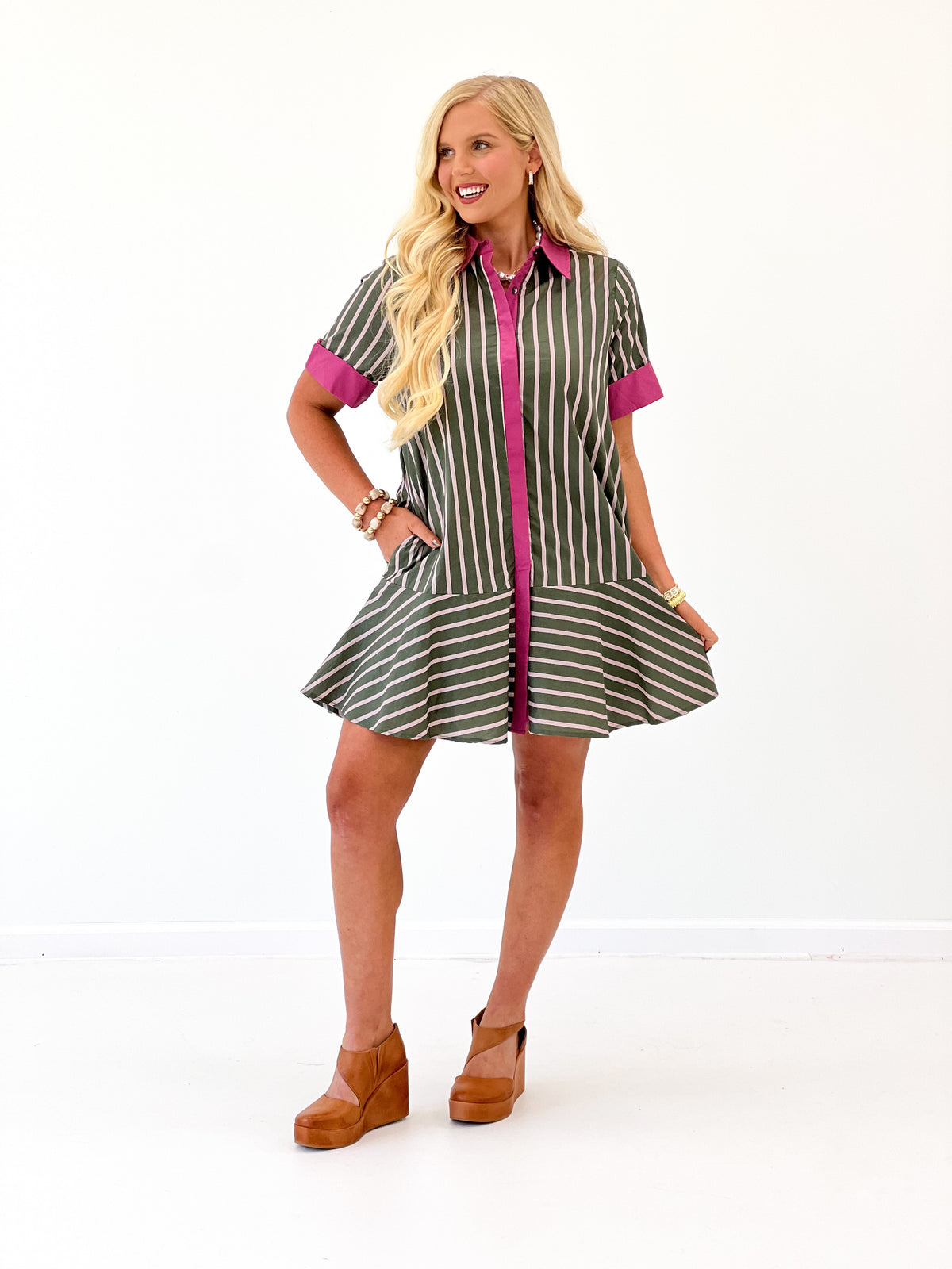 Stripe contrast trim mini dress with flared skirt and purple vertical placket