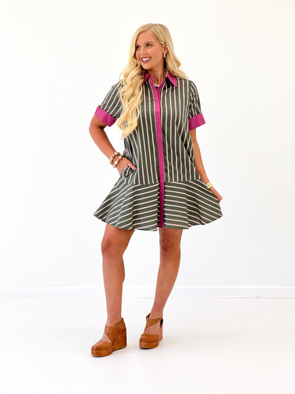 Stripe contrast trim mini dress with flared skirt and purple vertical placket