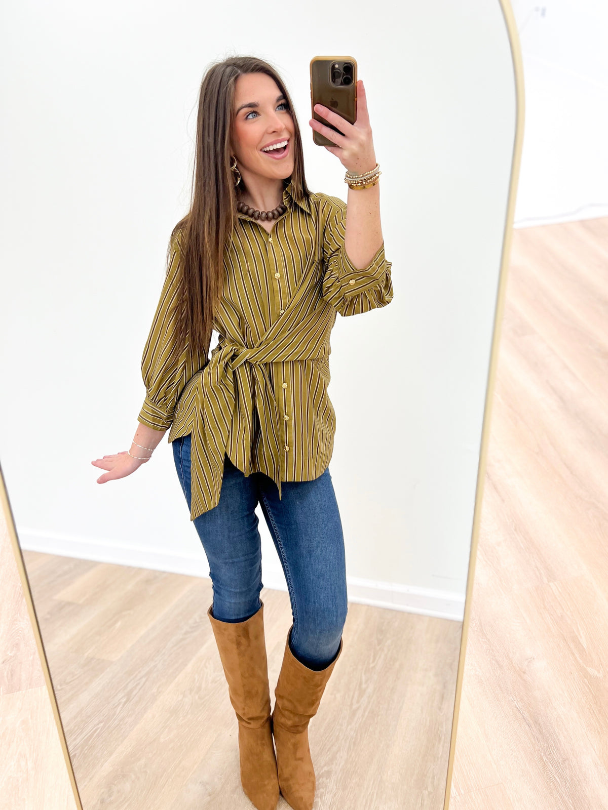 Olive striped wrap-style top with tie waist, button front, 3/4 sleeves