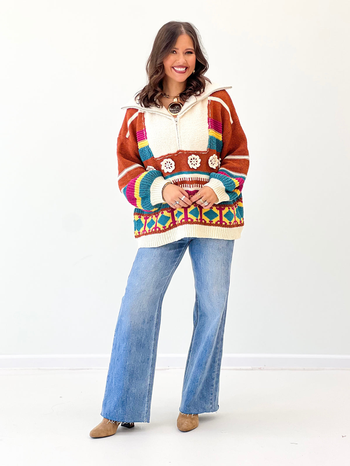 Brick multi color block half-zip hooded sweater with striped yoke knit patterns