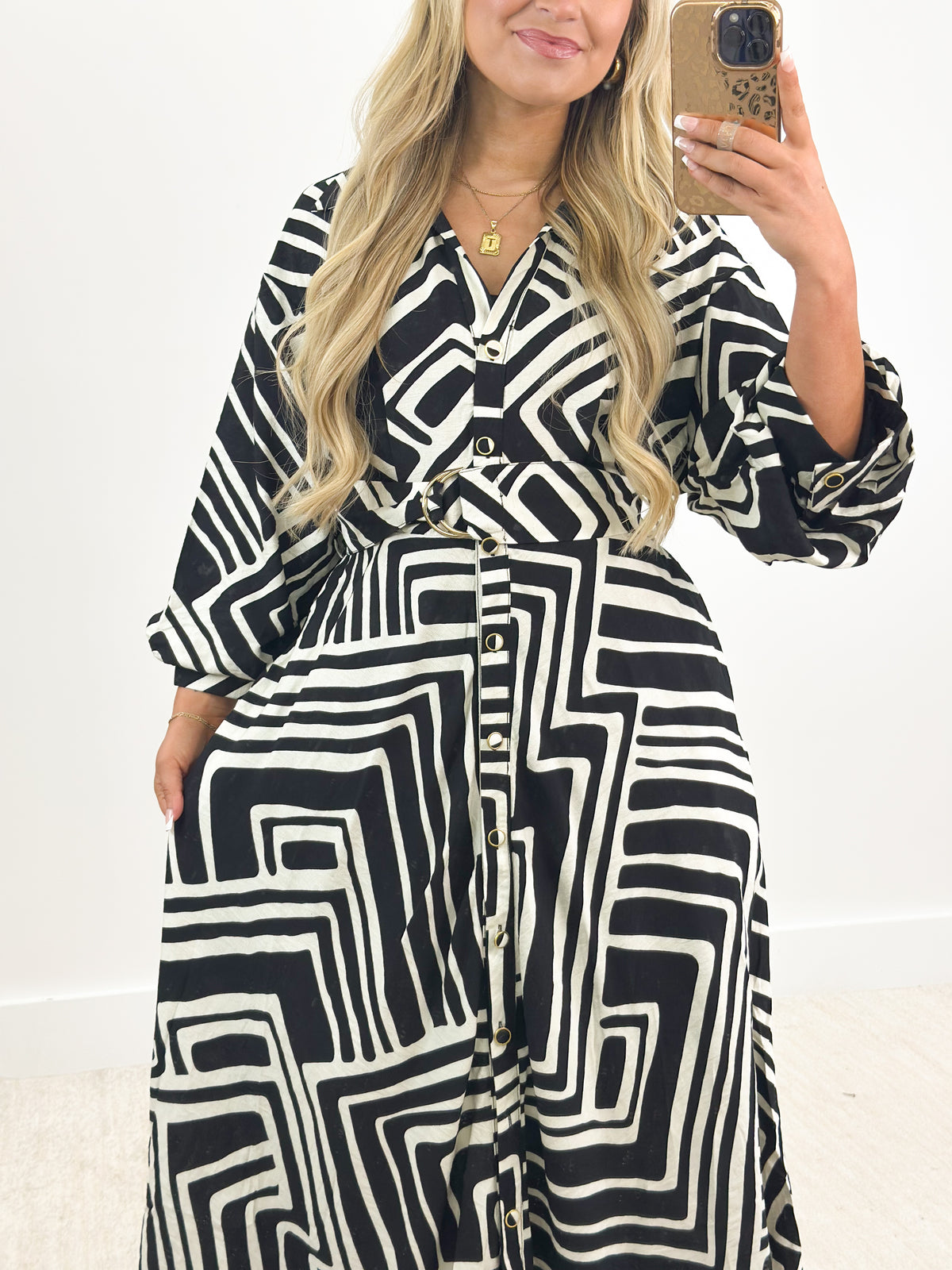 Collared button-down tie dress, black/white geometric print, long sleeves