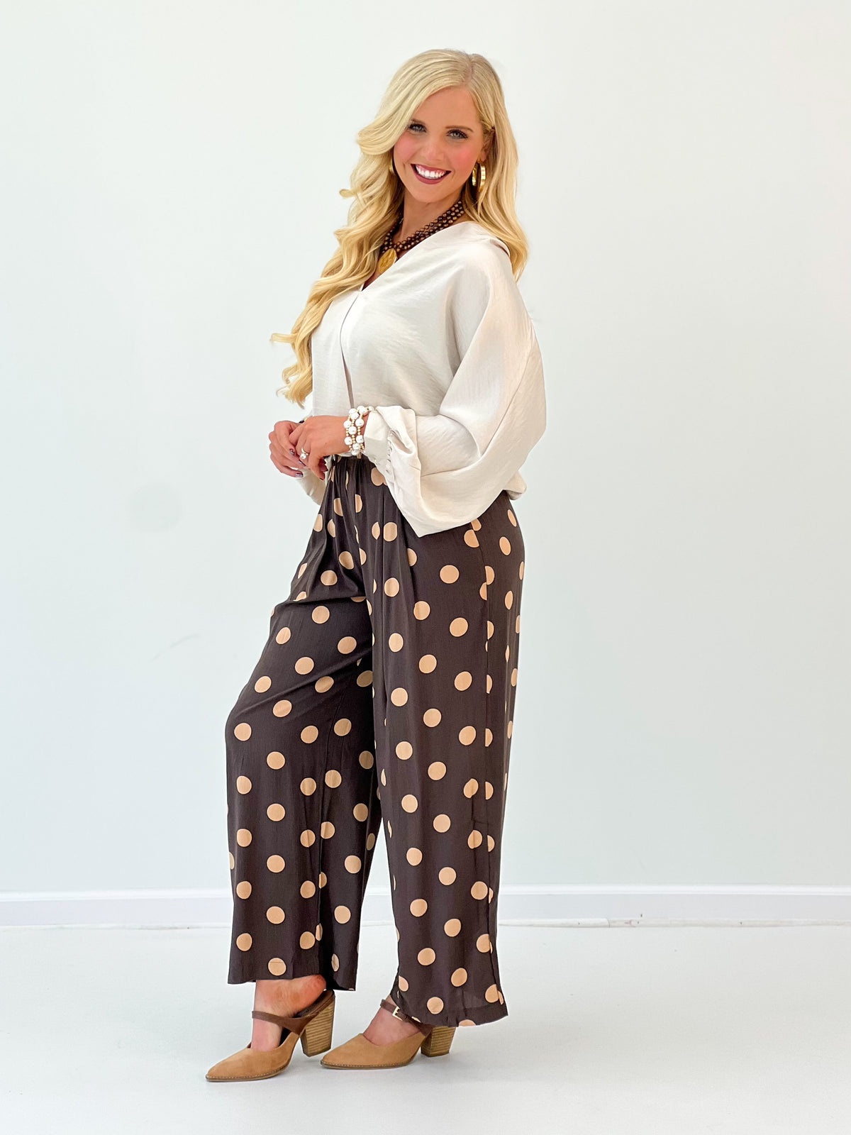 Umgee Polka Dot High Waist Pleated Wide Leg Pants