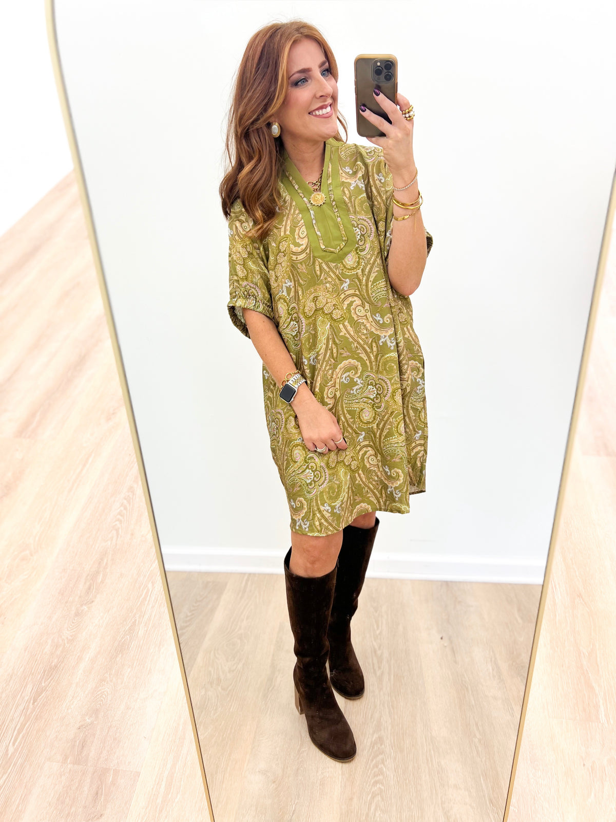 Sage green printed V-neck scrunch-sleeve dress with button front, short hem