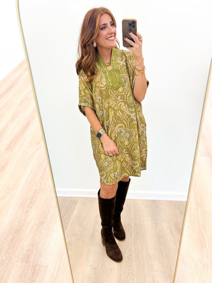 Sage green printed V-neck scrunch-sleeve dress with button front, short hem