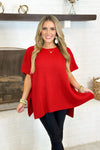 Red Split Hem Knit Poncho Sweater