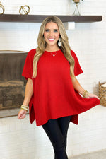 Red Split Hem Knit Poncho Sweater