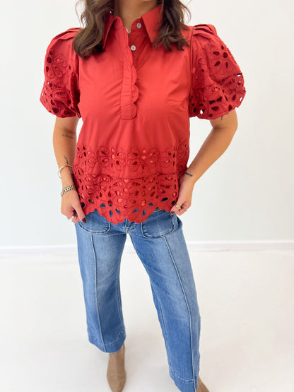 Entro Eyelet Scalloped Trim Puff Sleeve Top
