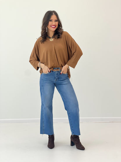 V-neck quarter-sleeve top in toffee brown with draped sleeves and relaxed body