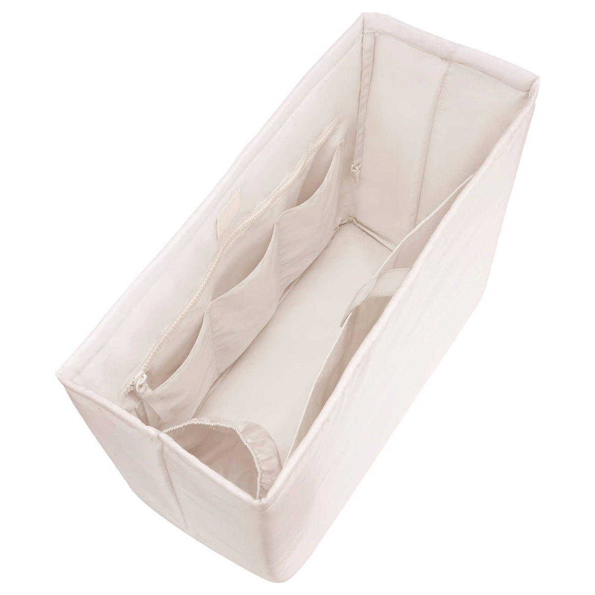 Cream fabric tote organizer insert with long internal dividers and side pocket