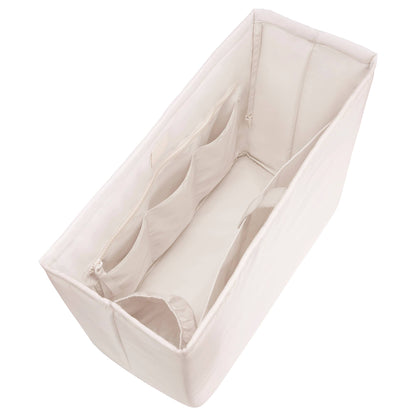 Cream fabric tote organizer insert with long internal dividers and side pocket