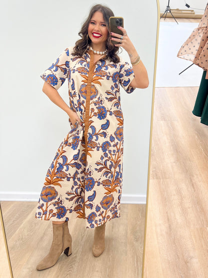 Entro Short Sleeve Floral Collared Midi Dress