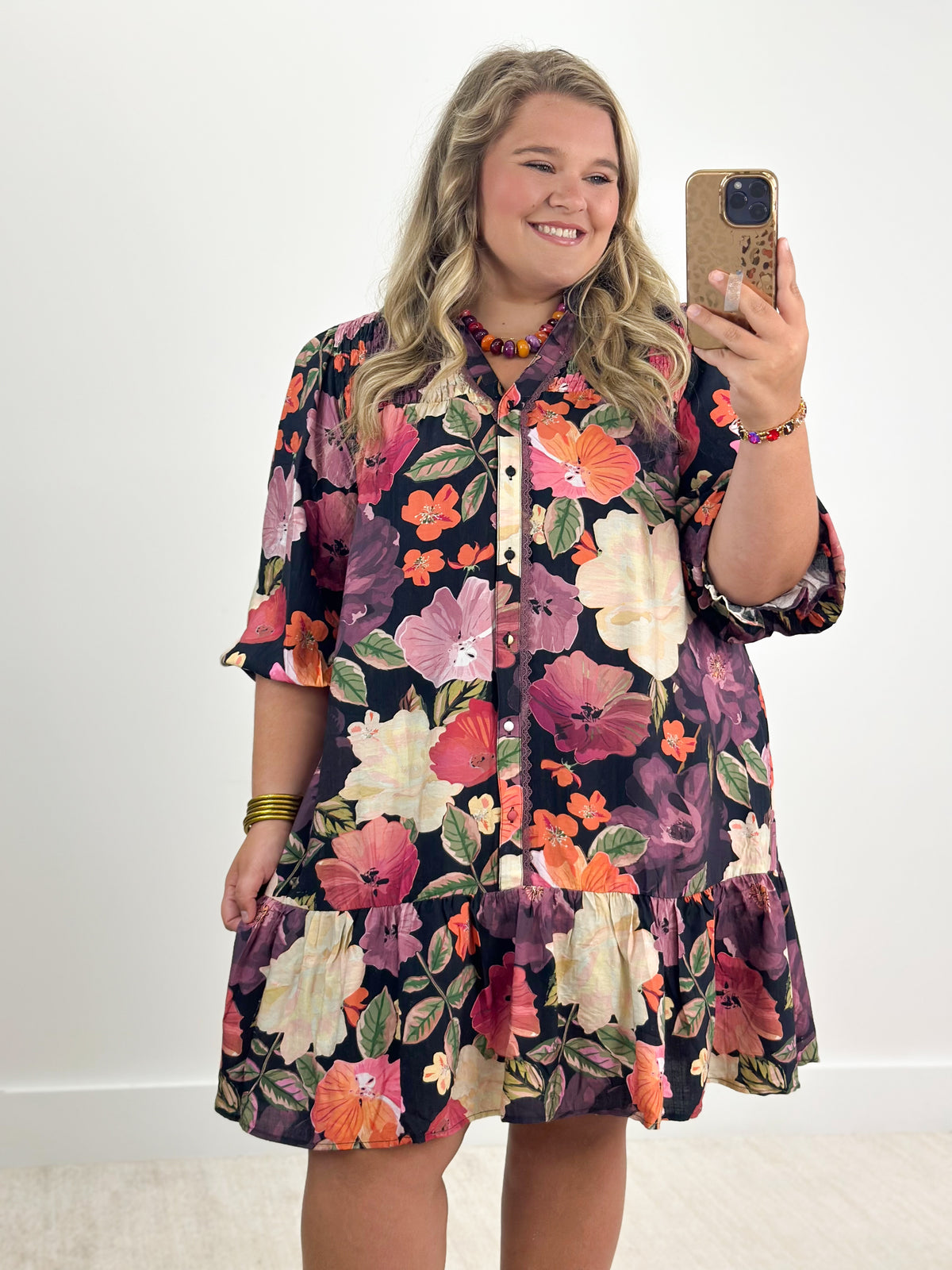 Floral button-front mini dress with smocked yoke, tiered ruffle skirt and short sleeves