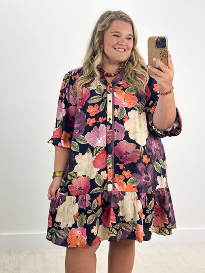Floral button-front mini dress with smocked yoke, tiered ruffle skirt and short sleeves