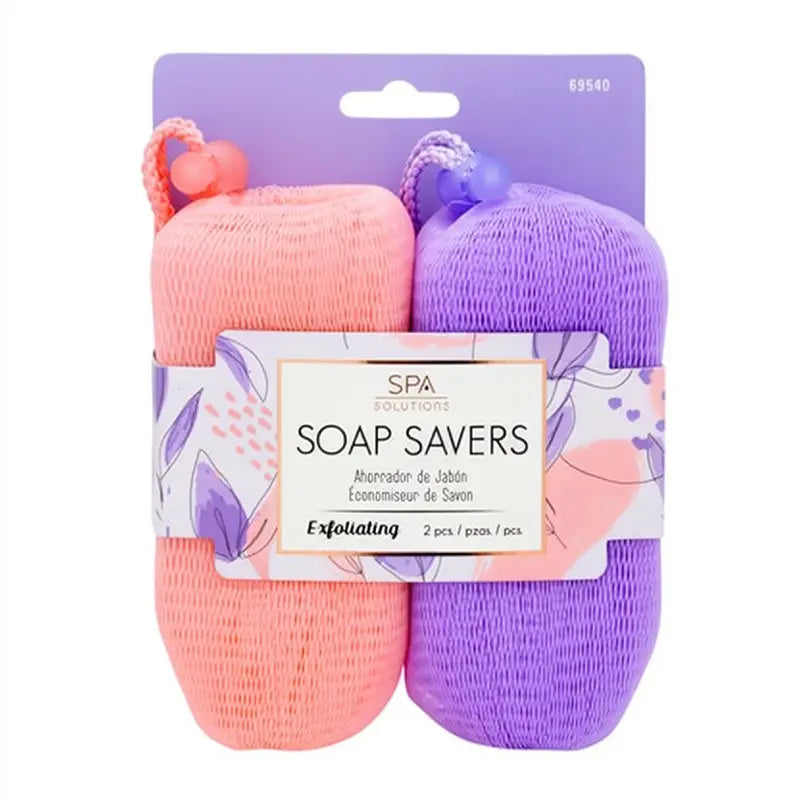 CALA two-piece soap saver set in peach and lavender mesh pouches with product packaging