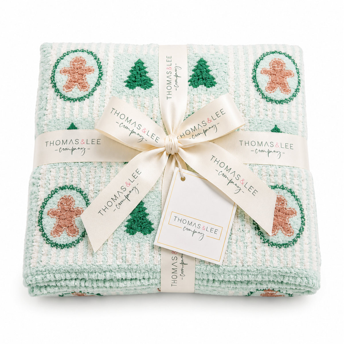 Thomas and Lee soft blanket in mint and cream with gingerbread, trees, and cookie icons.