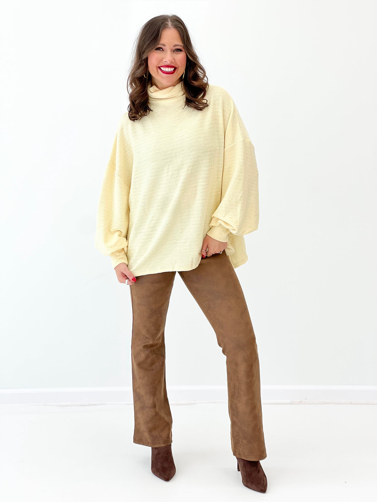 Mock neck balloon sleeve knit top, cream knit with relaxed fit
