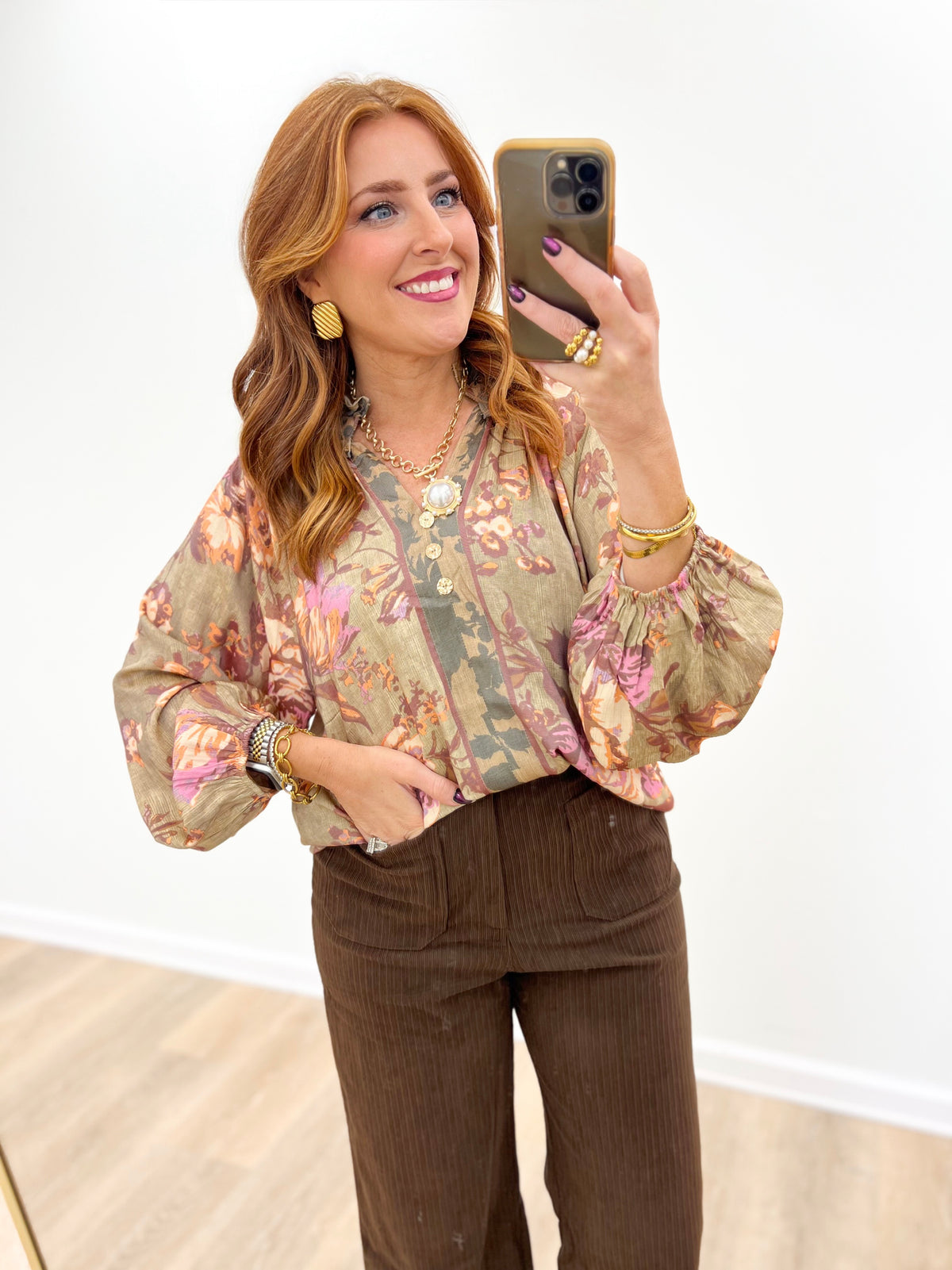 Umgee Floral Print Long Sleeve Top